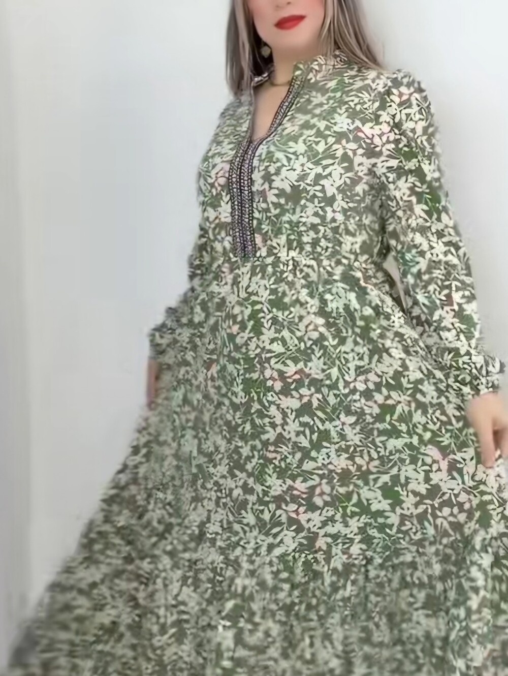 Rusttydustty Green Floral Boho Maxi Dress Size 3XL Long Sleeve Smocked Waist